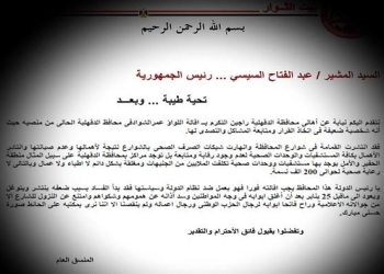 بيت الثوار بالدقهلية لـــــ “السيسى “: يجب إقالة المحافظ لأنه أغلق أبوابه فى وجه المواطنين