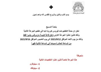 تعرف على ميعاد تلقي الجرعة الثانية من اللقاح ضد  كورونا بكنيسة مارمرقس بشبرا