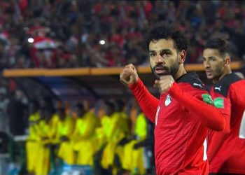 الفرعون يحتفل  بهدف التقدم مع لاعبي المنتخب