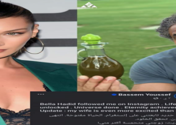 باسم يوسف يعبر عن سعادته بعد متابعة عارضة الأزياء العالمية بيلا حديد له