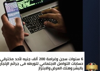 الرقابة الإدارية: ٦ سنوات سجن وغرامة ٢٠٠  ألف جنيه لأحد مخترقي حسابات التواصل الاجتماعي لتورطه فى جرائم الإتجار بالبشر وهتك العرض والابتزاز