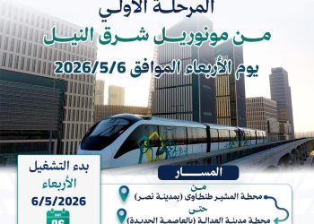 النقل تعلن تشغيل المرحلة الأولى من مونوريل شرق النيل من محطة المشير طنطاوي وحتى محطة مدينة العدالة بالعاصمة الجديدة لجمهور الركاب