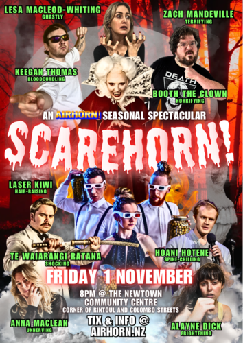 Poster from the night. All the performers looking intimidating with crazy stuff going on all around and behind them.