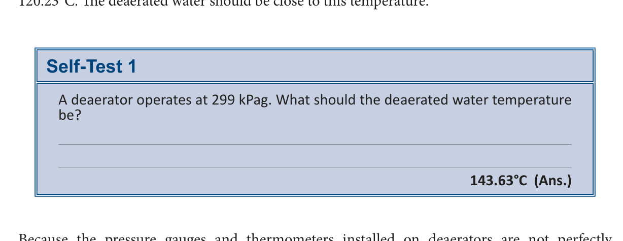 A self-test box asking the reader to calculate the deaerated water temperature for a deaerator operating at 299 kPag.