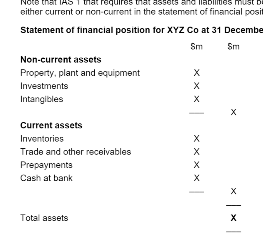 Standardized format for the statement of financial position