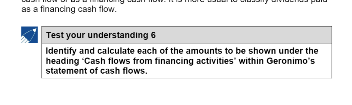 Test your understanding 6 exercise asking to identify and calculate amounts for Geronimo's statement of cash flows.