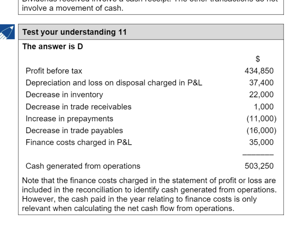 Table detailing the calculation of cash generated from operations for Test your understanding 11.