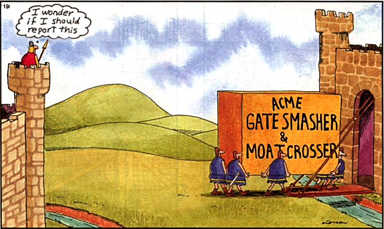 Far Side comic of a castle under siege
