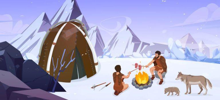 Illustration of early humans and wolves