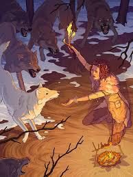 person with torch and wolves