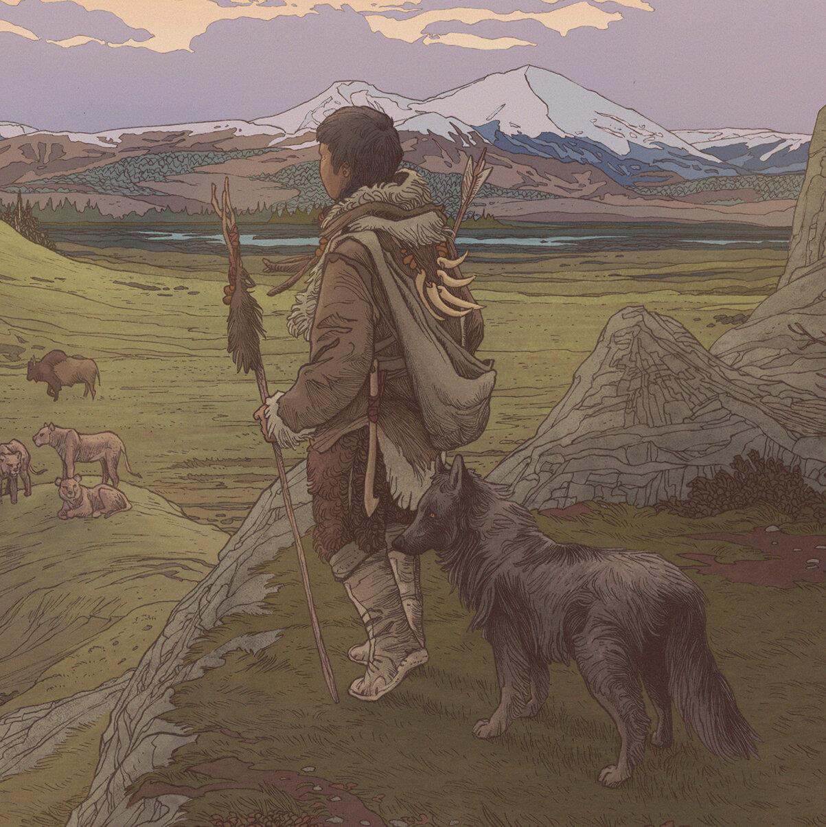 human with dog illustration