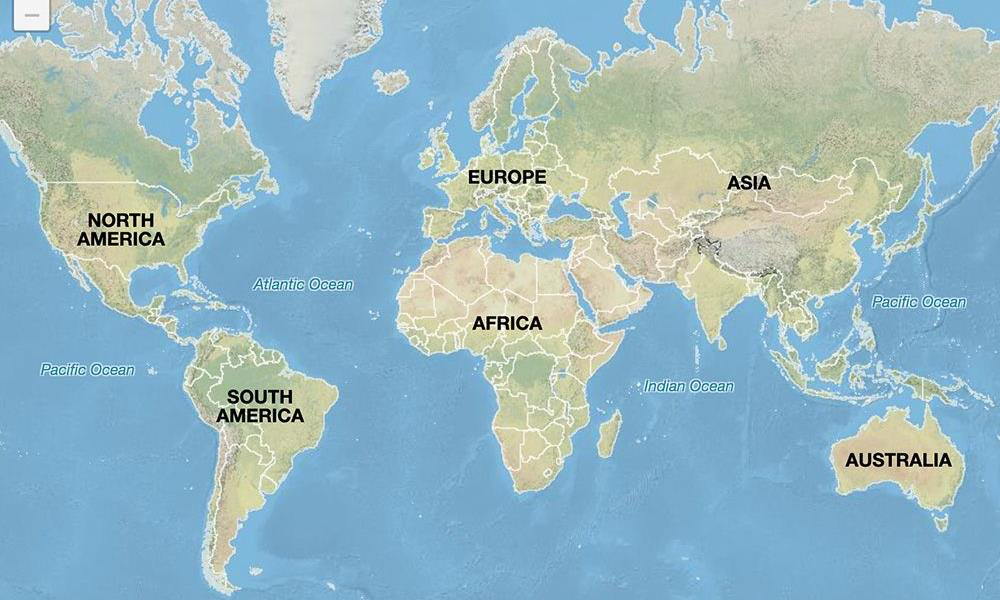 World map showing continents