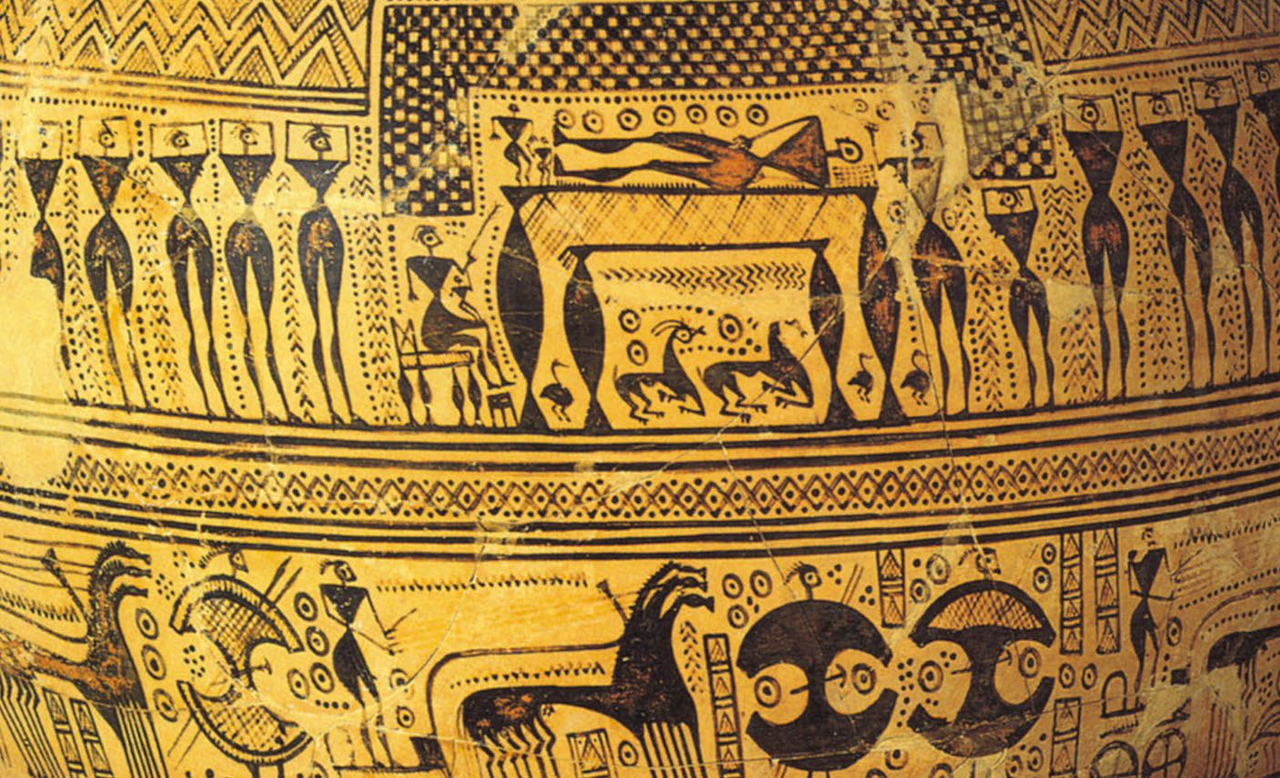 Dettaglio di ceramica greca geometrica con motivi a fasce e figure