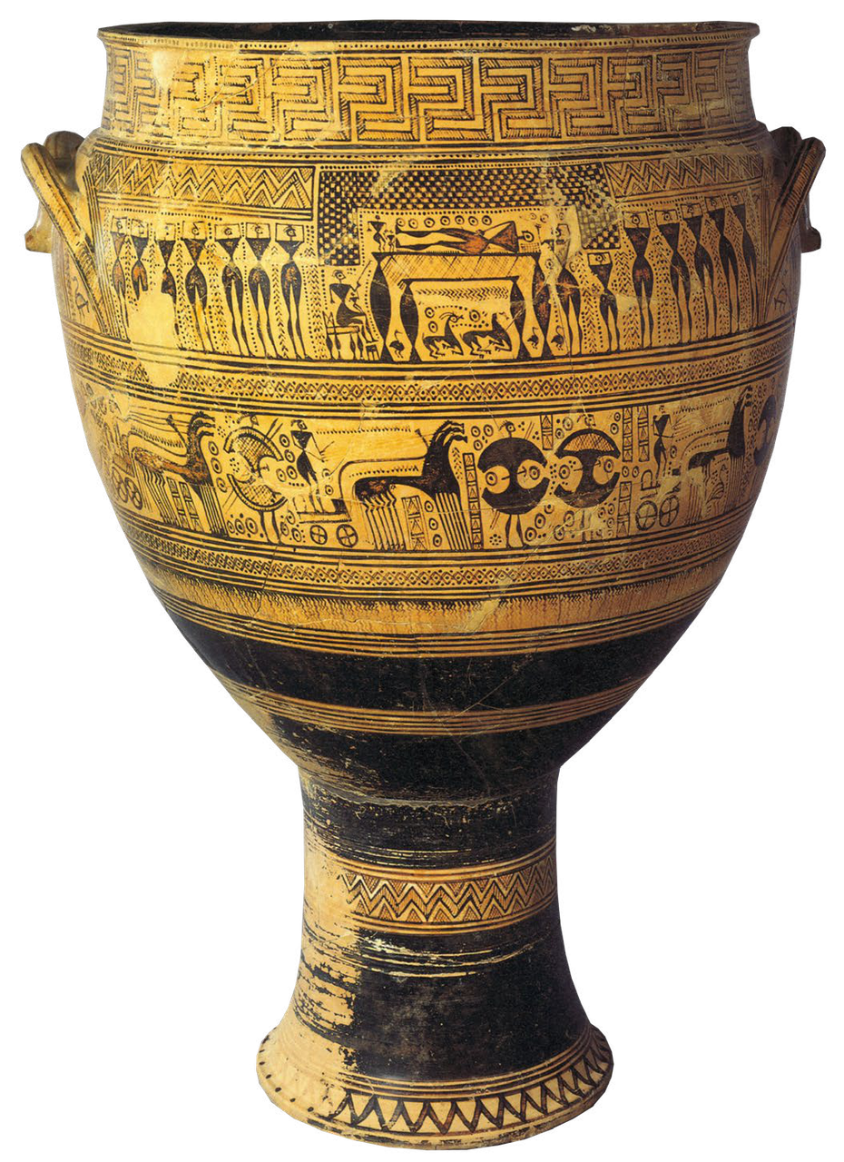 Vaso geometrico con motivi a fasce e figure stilizzate