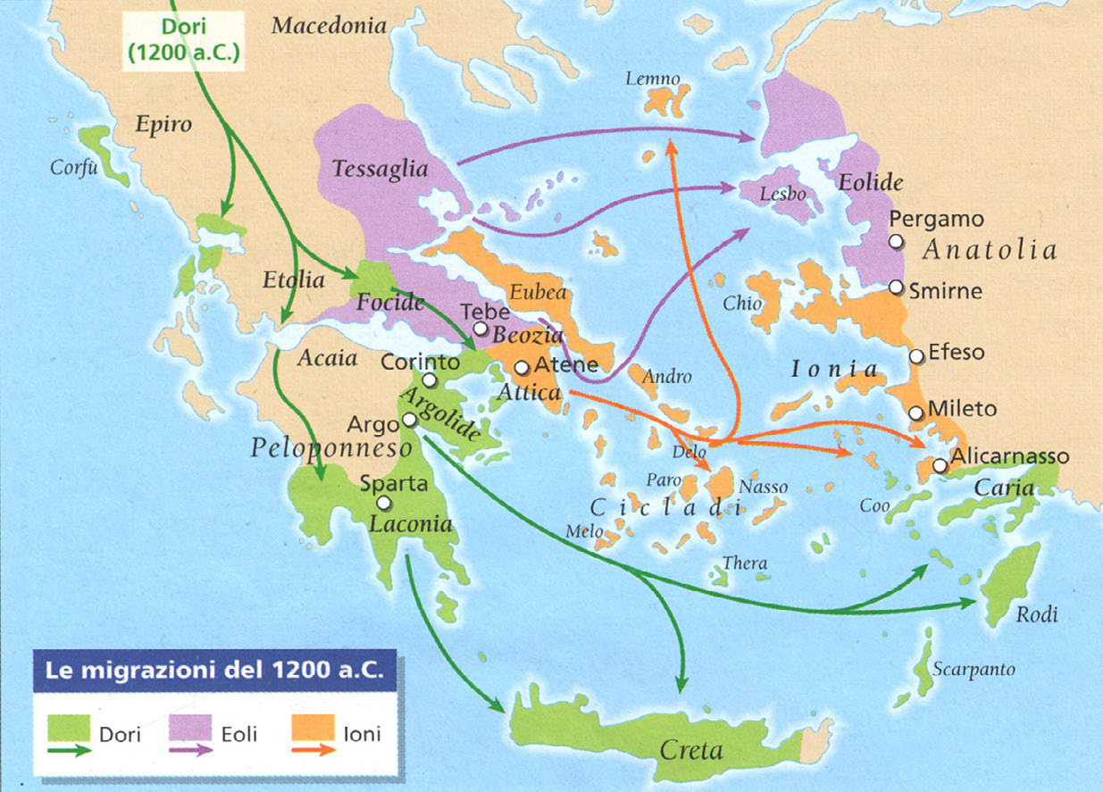 Mappa delle migrazioni e insediamenti (Dori, Eoli, Ioni)