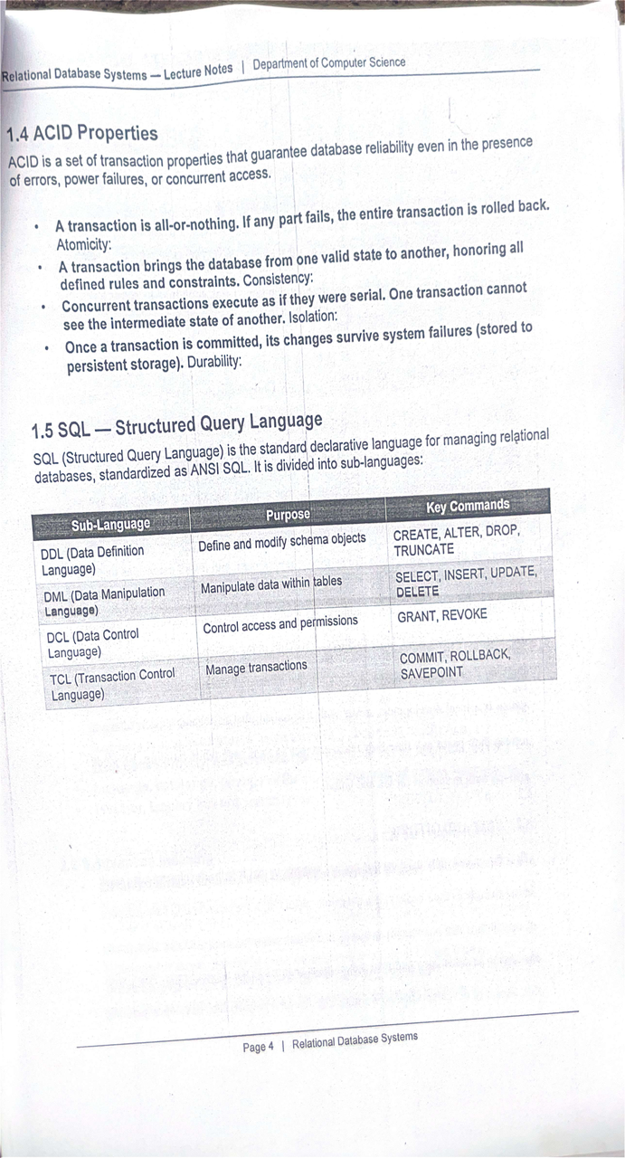 excerpt showing SQL sub-languages