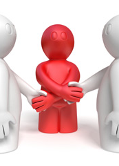 Diagram of three stylized figures, a red one in the center flanked by two white ones who shake his hand.