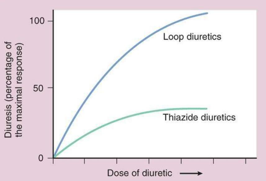 Graph comparing the diuretic response of Loop diuretics and Thiazide diuretics against dose of diuretic.