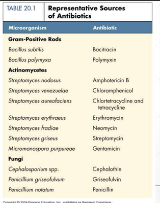 A table showing representative sources of antibiotics. Text and labels: Microorganism, Antibiotic.