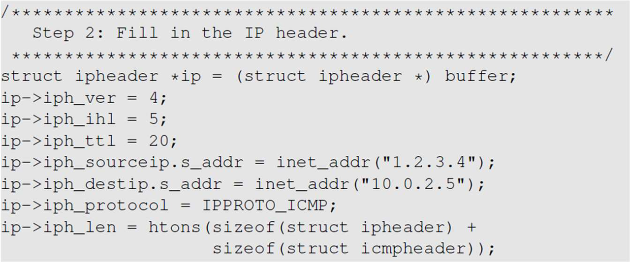 code showing filled IP header