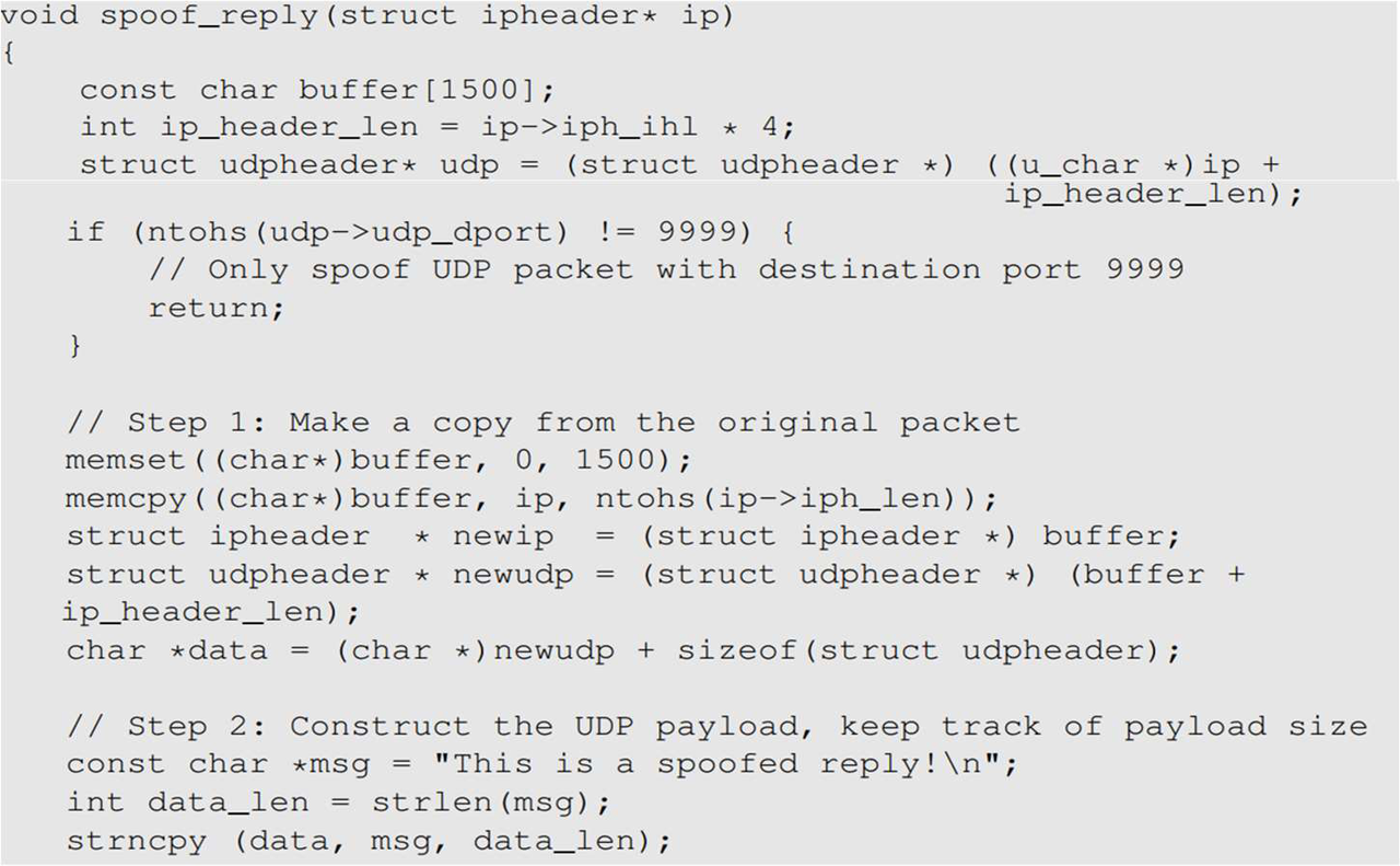 C code example showing copying original packet and constructing UDP payload