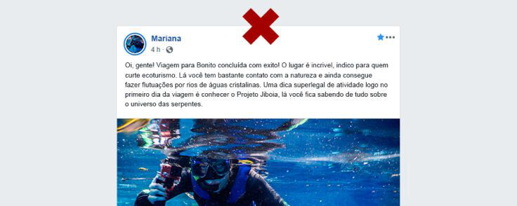 Postagem de rede social sobre viagem a Bonito com recomendação
