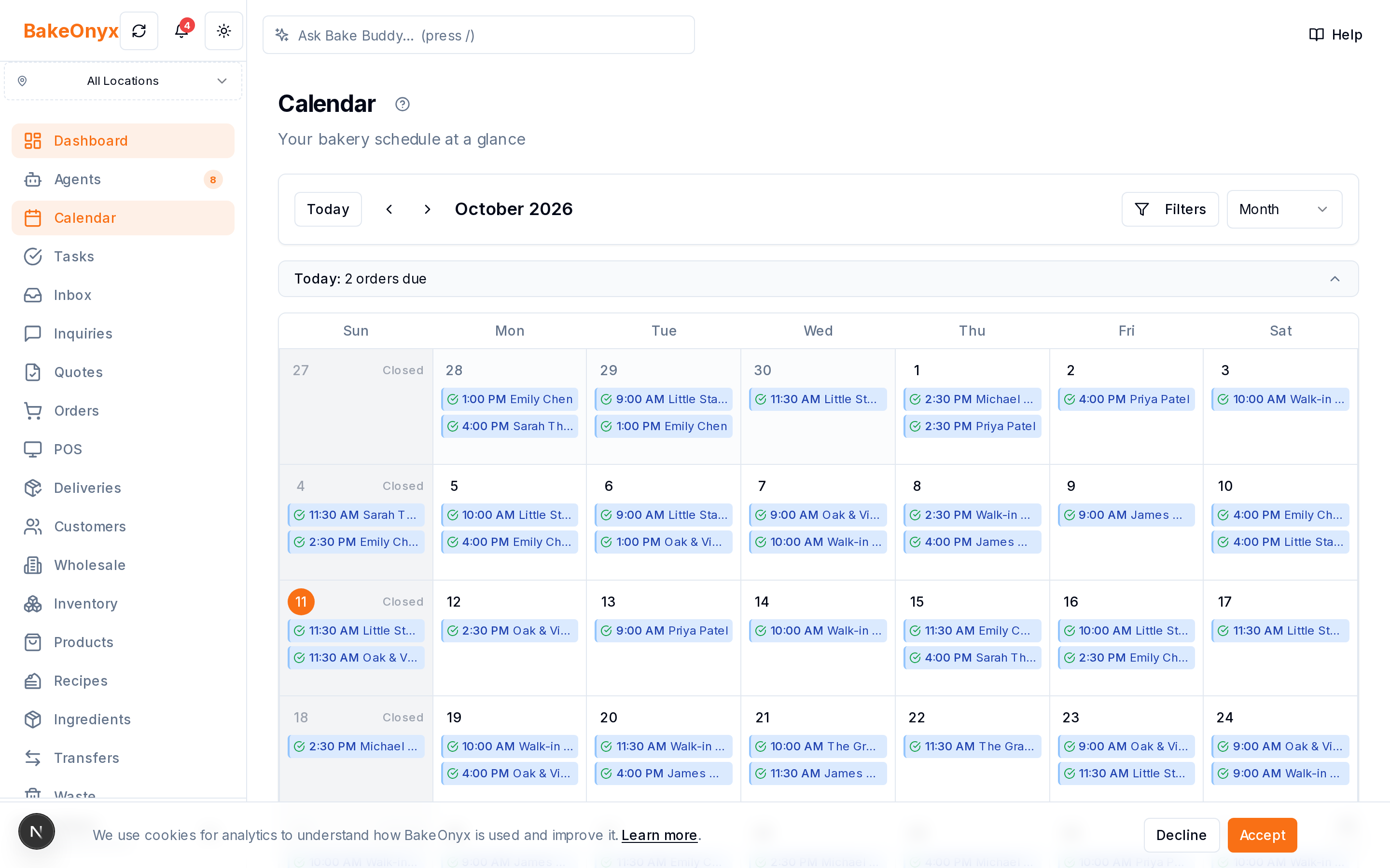Order Calendar in BakeOnyx
