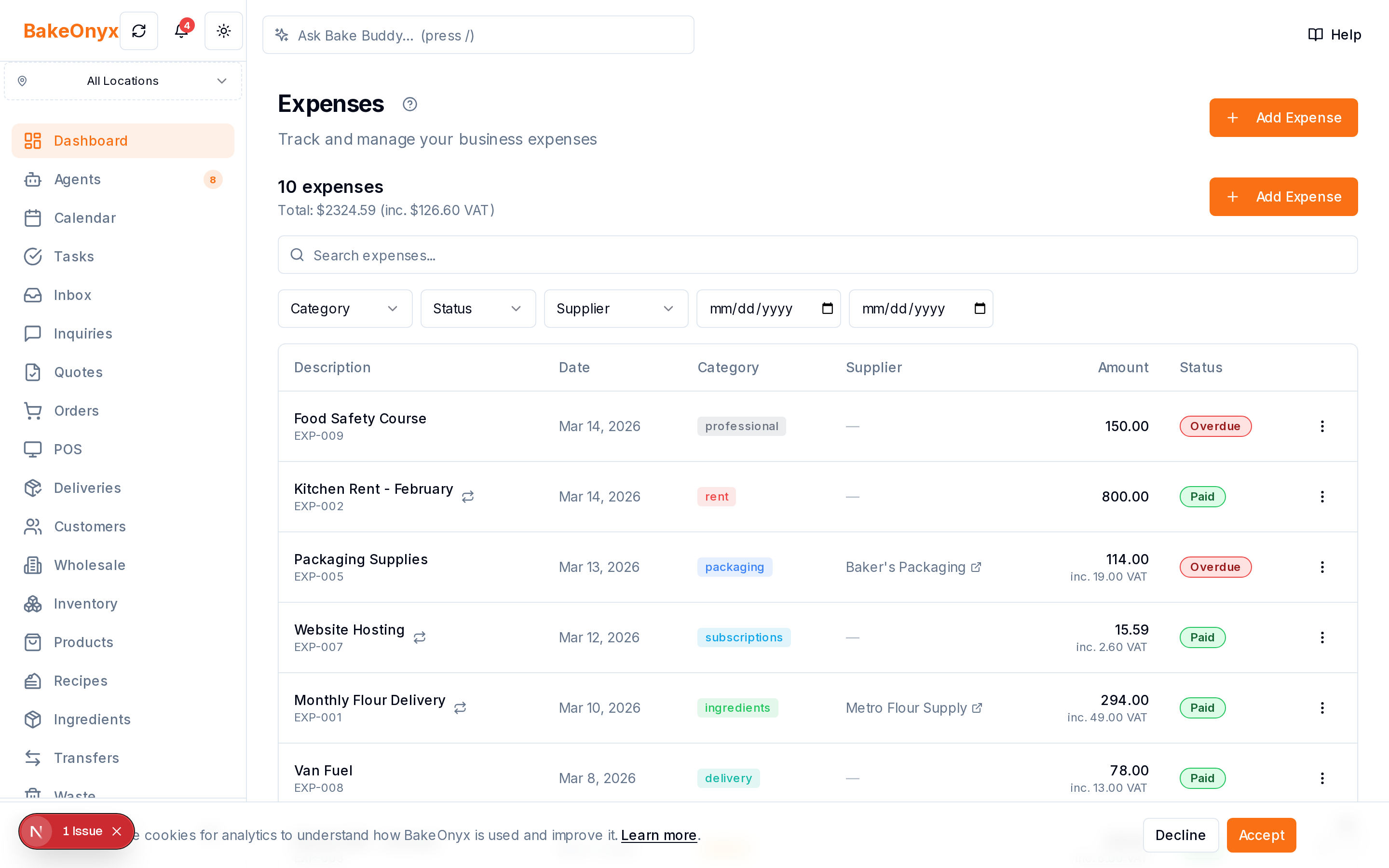 Expense Tracking in BakeOnyx