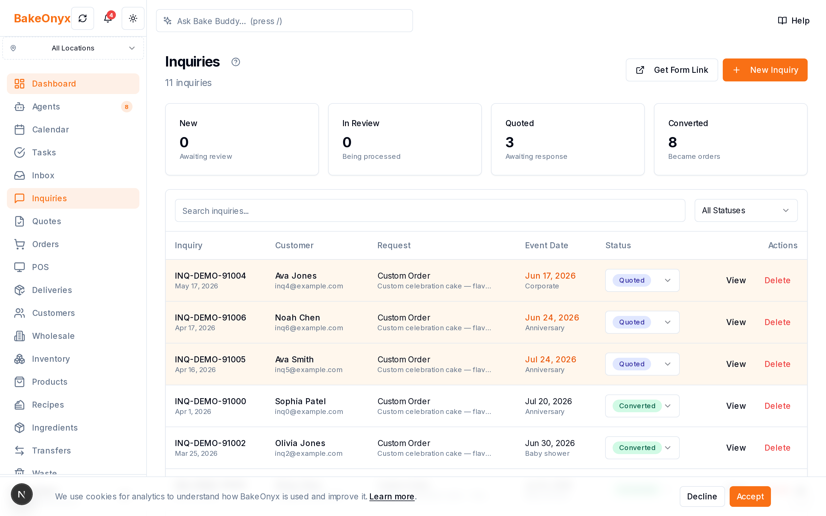 Inquiries & Quotes in BakeOnyx