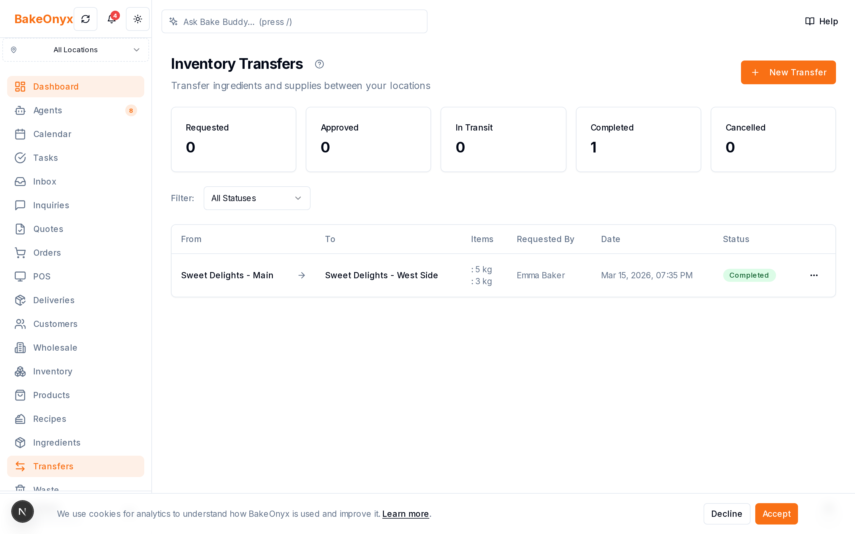 Inventory Transfers in BakeOnyx