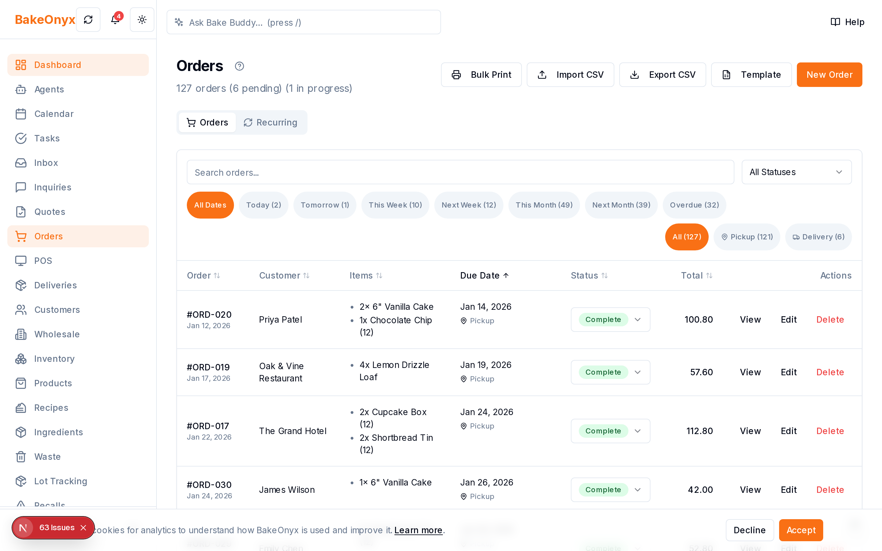 Order Management in BakeOnyx
