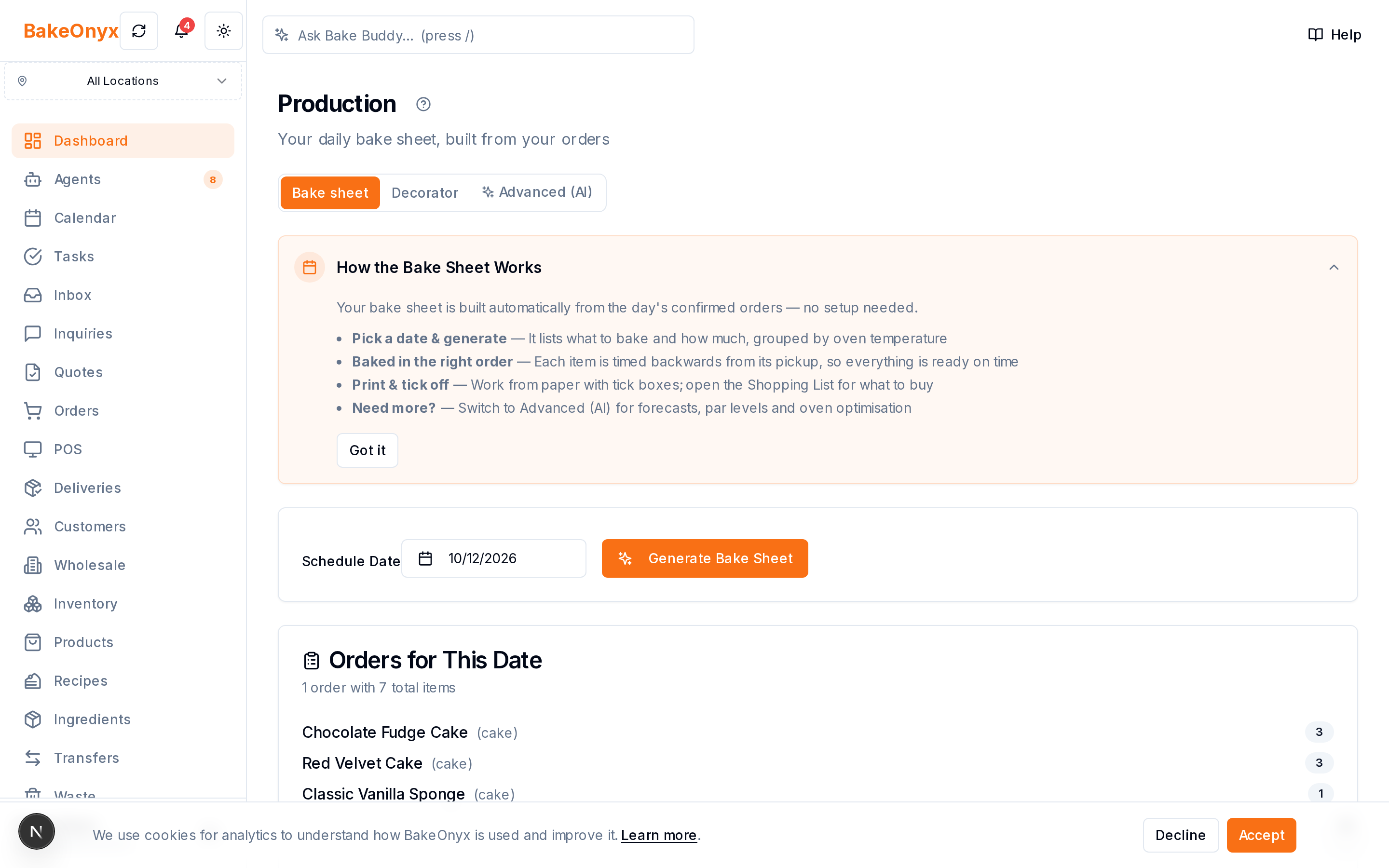 Production Scheduling in BakeOnyx