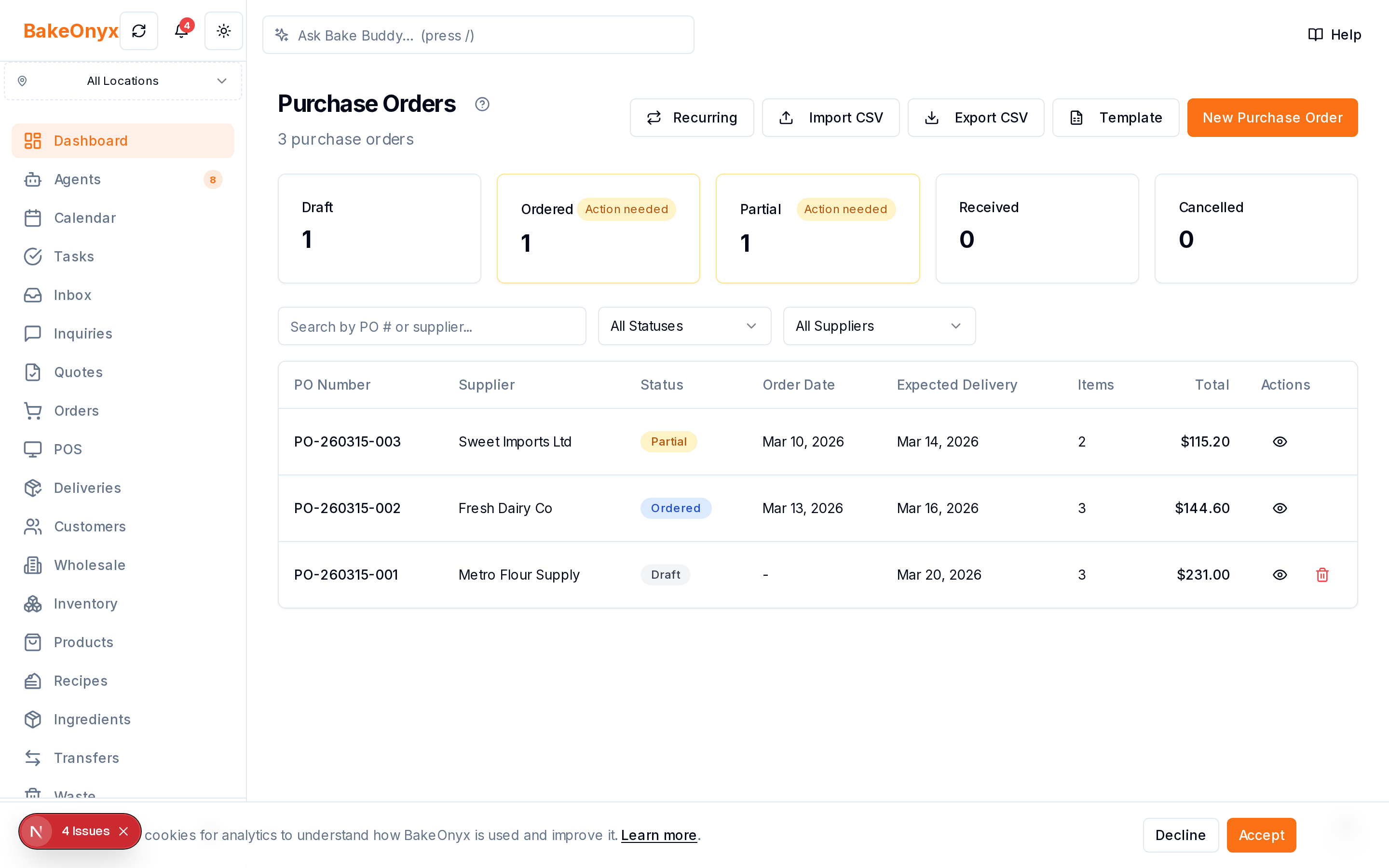 Purchase Orders in BakeOnyx