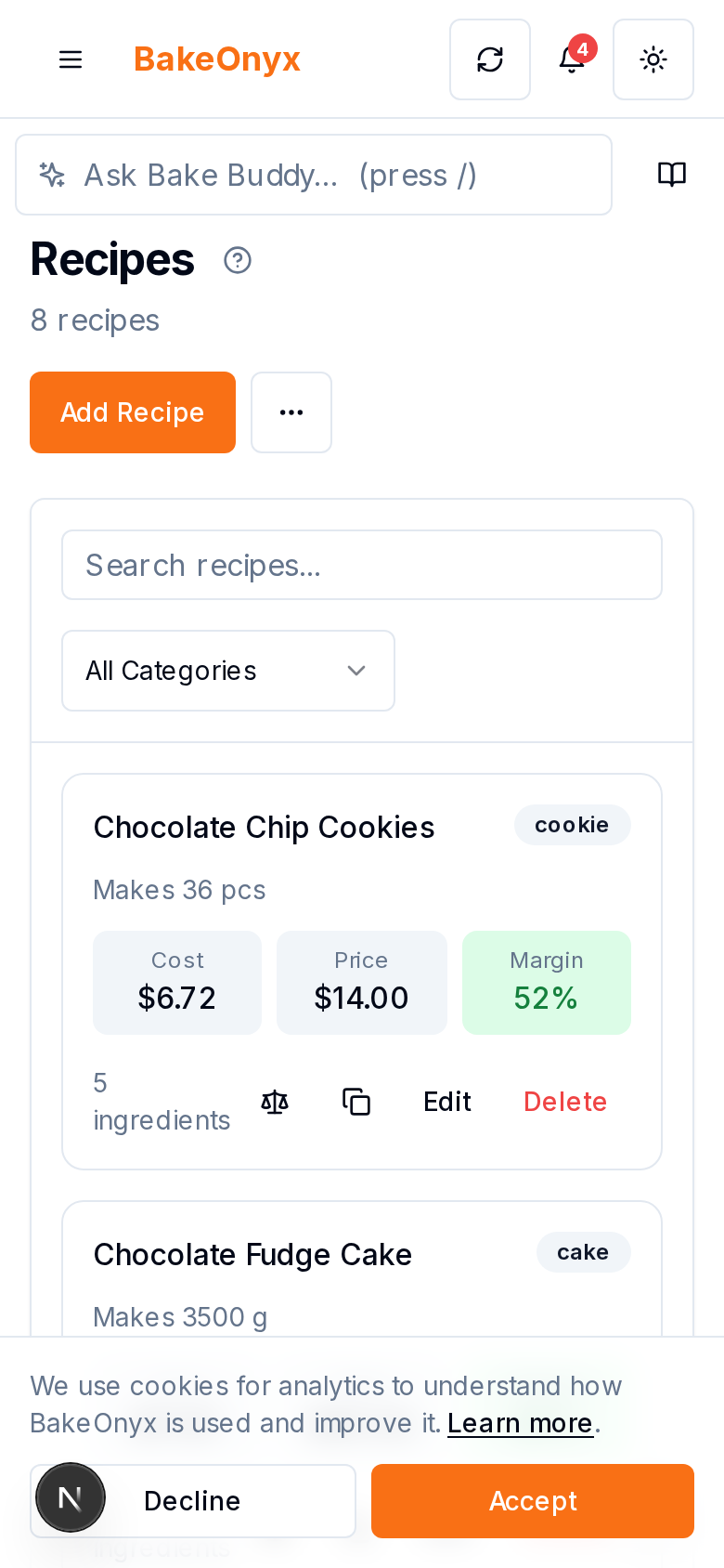 Recipe Costing on mobile and iPad