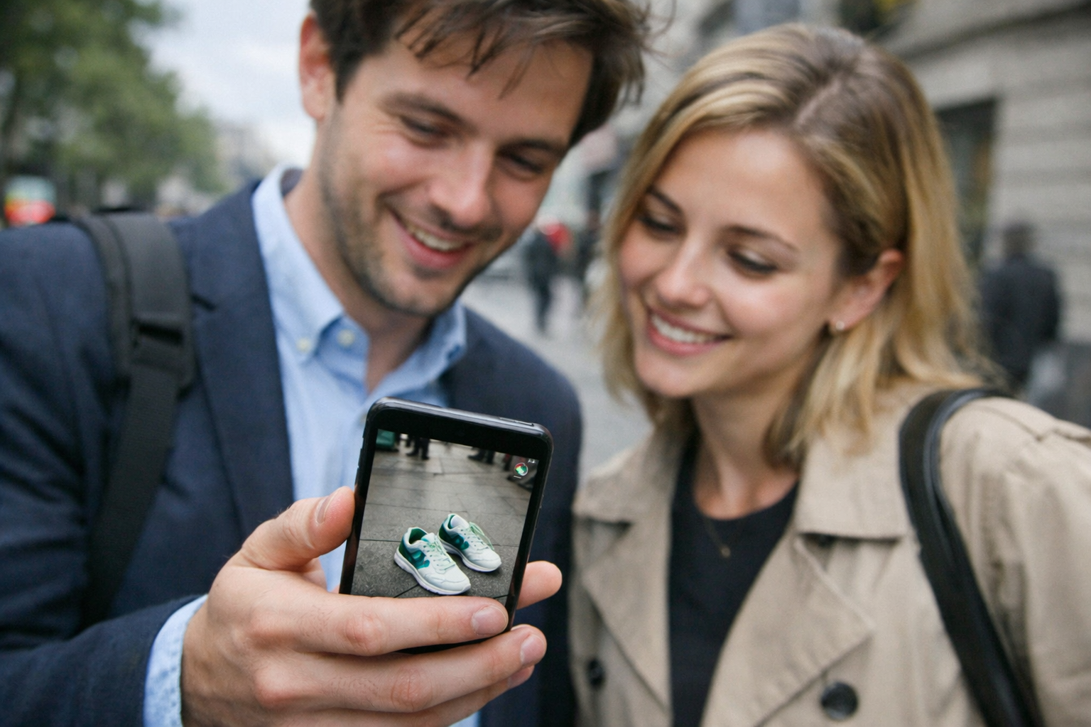 Two people viewing an AR product preview on a phone