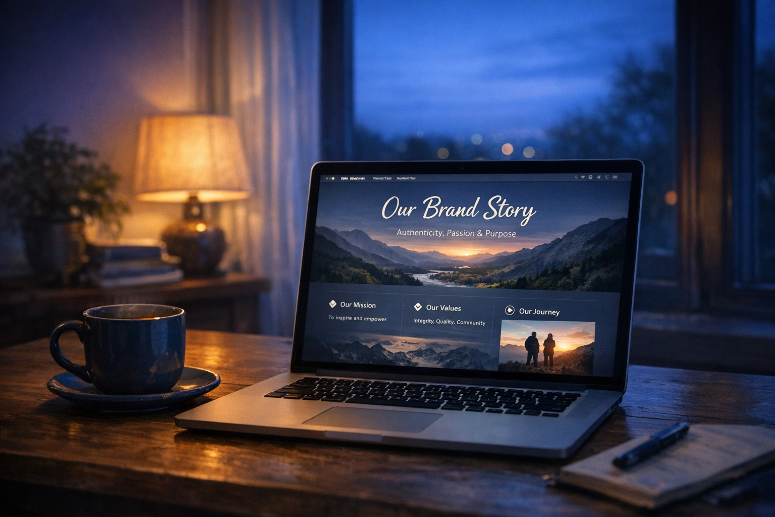 Laptop showing a brand story page at evening