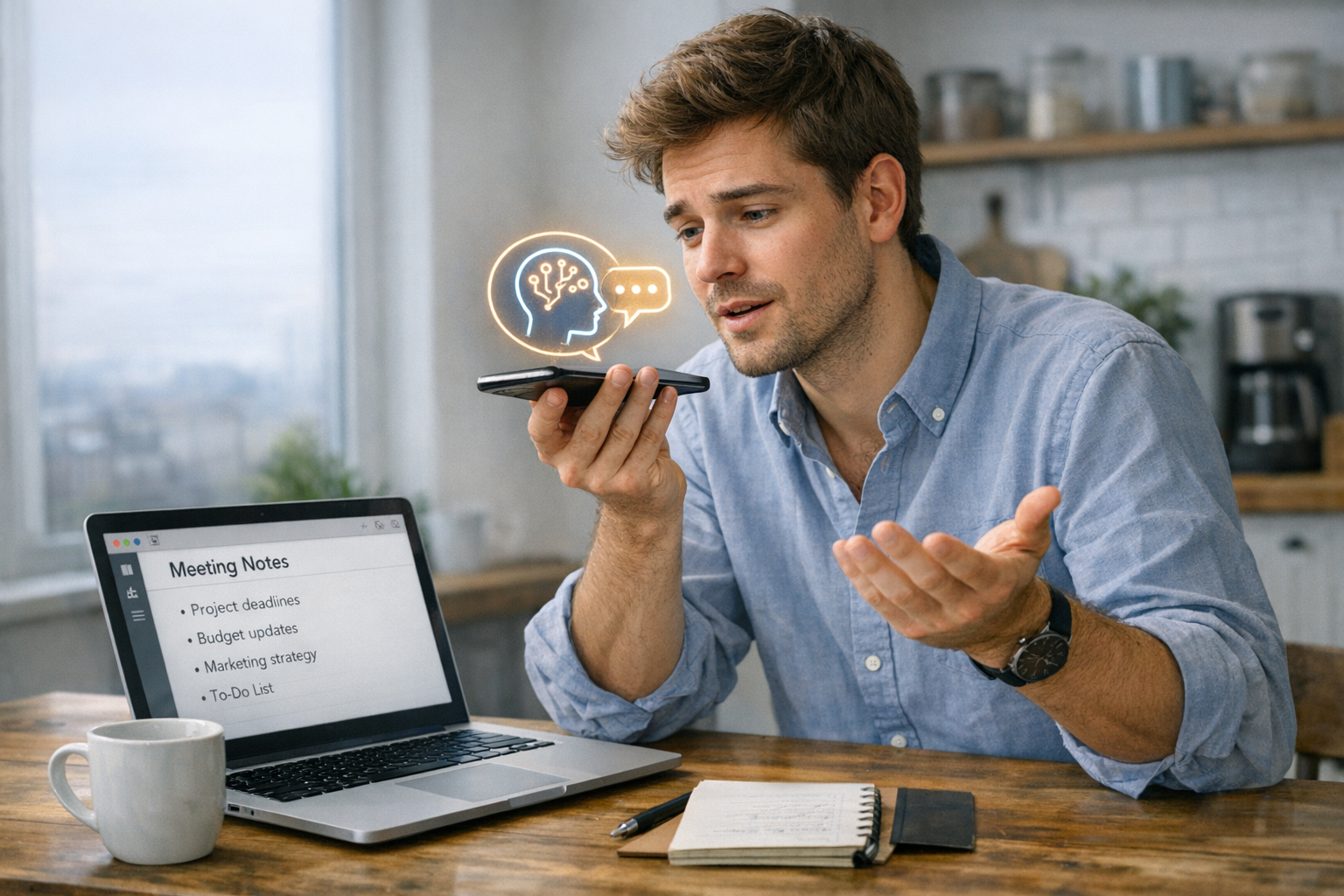 Person using AI on phone at a kitchen table