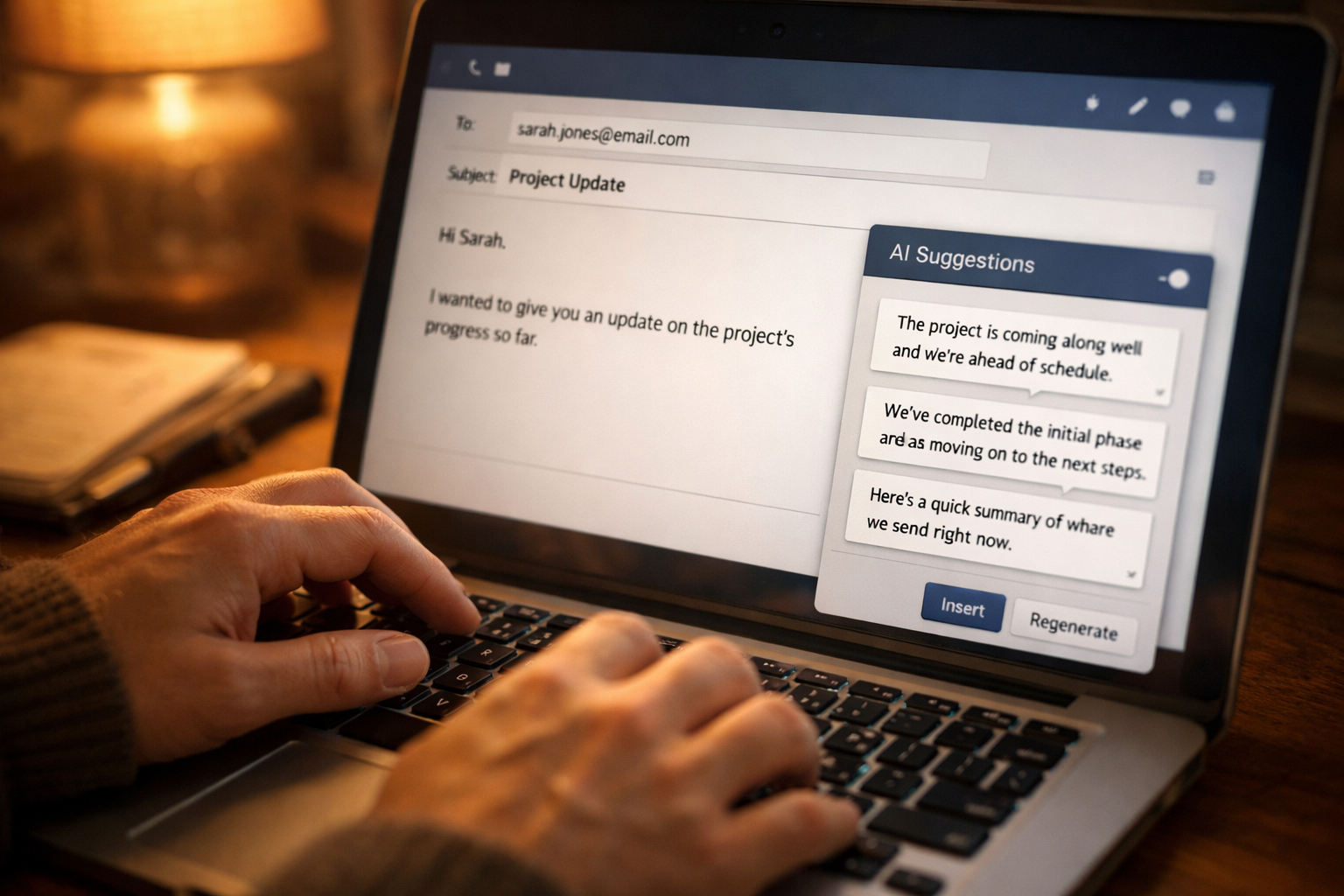 Hands editing an email with AI help