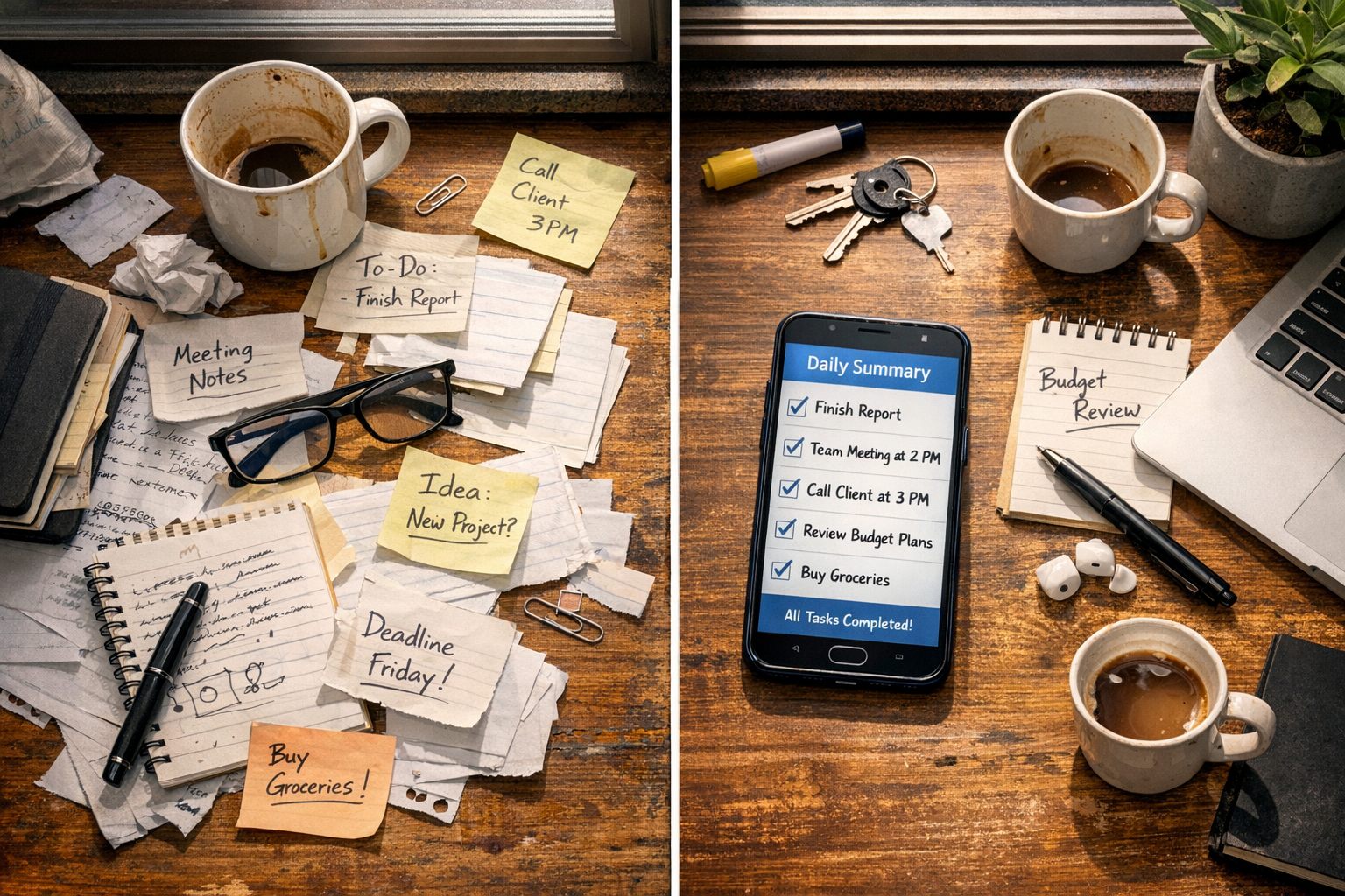 Desk with notes and AI summary on phone