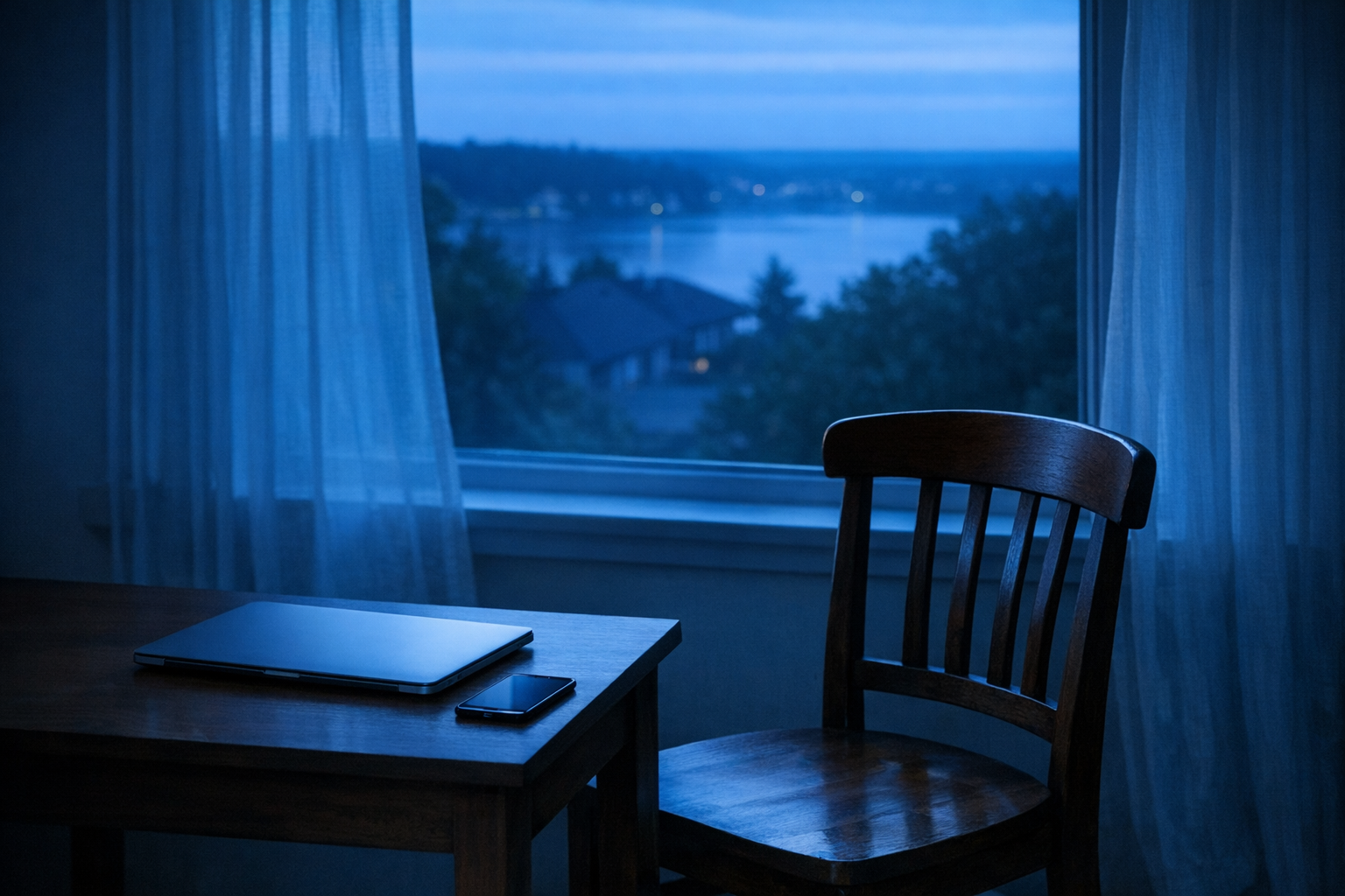 Quiet room with laptop and phone at blue hour