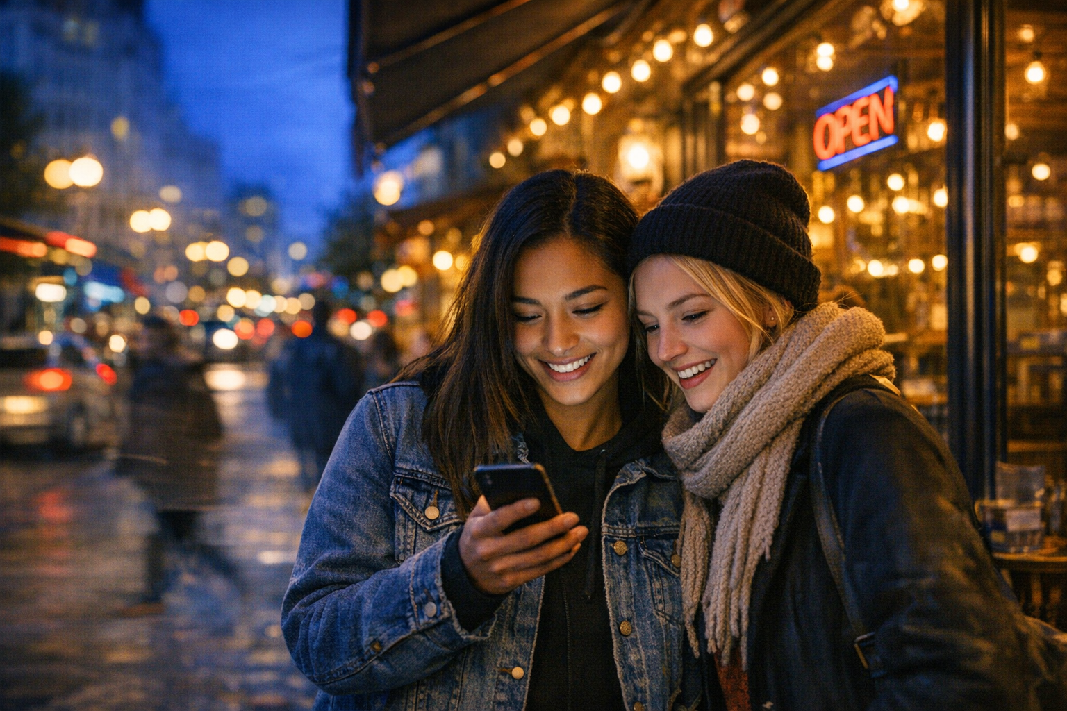 Two friends looking at a phone at blue hour
