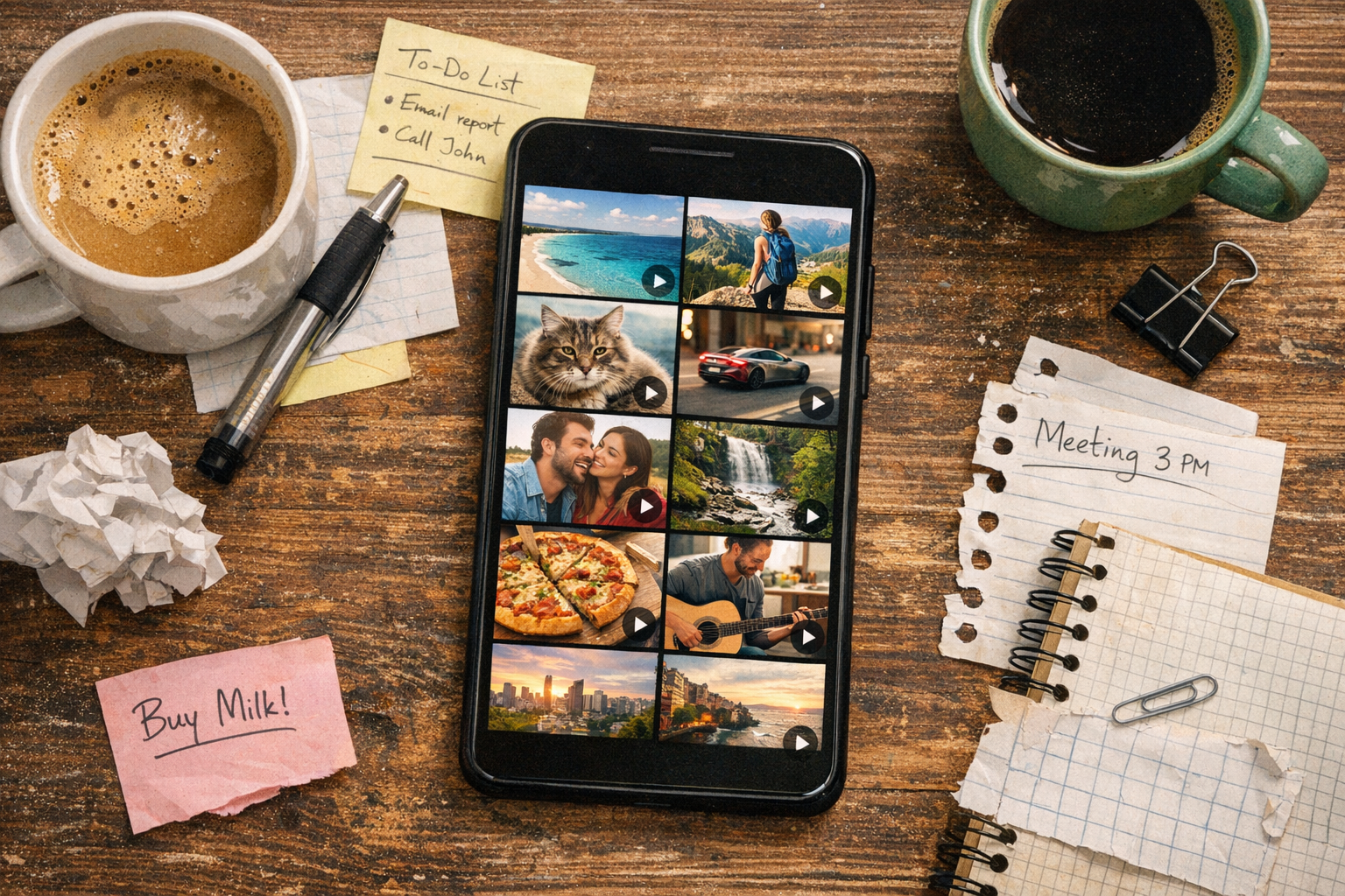 Phone feed with varied recommendations on a desk