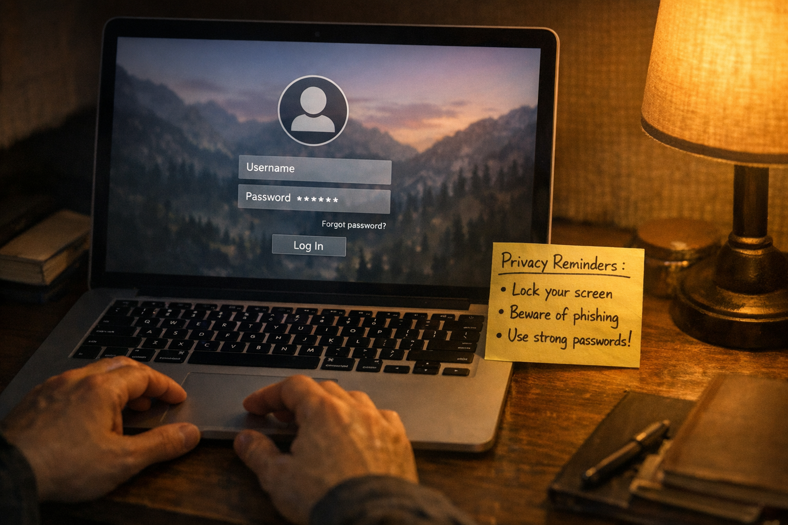 Laptop with privacy notes and login screen