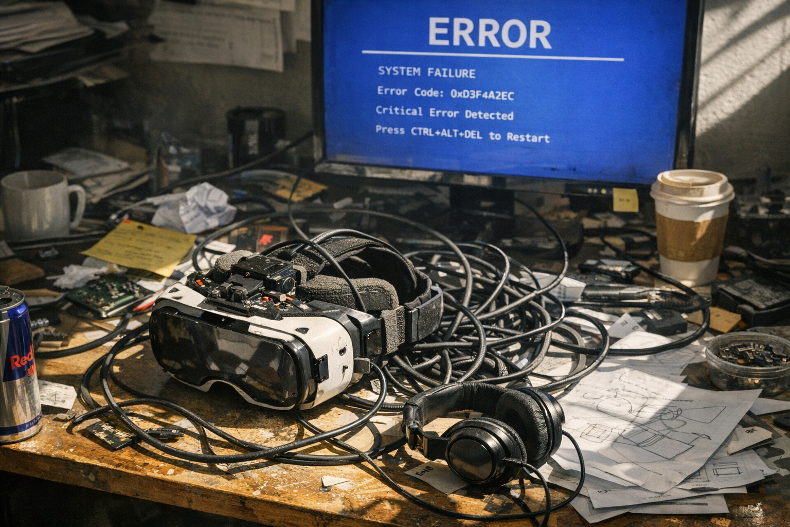 Prototype headset and a monitor showing setup issues