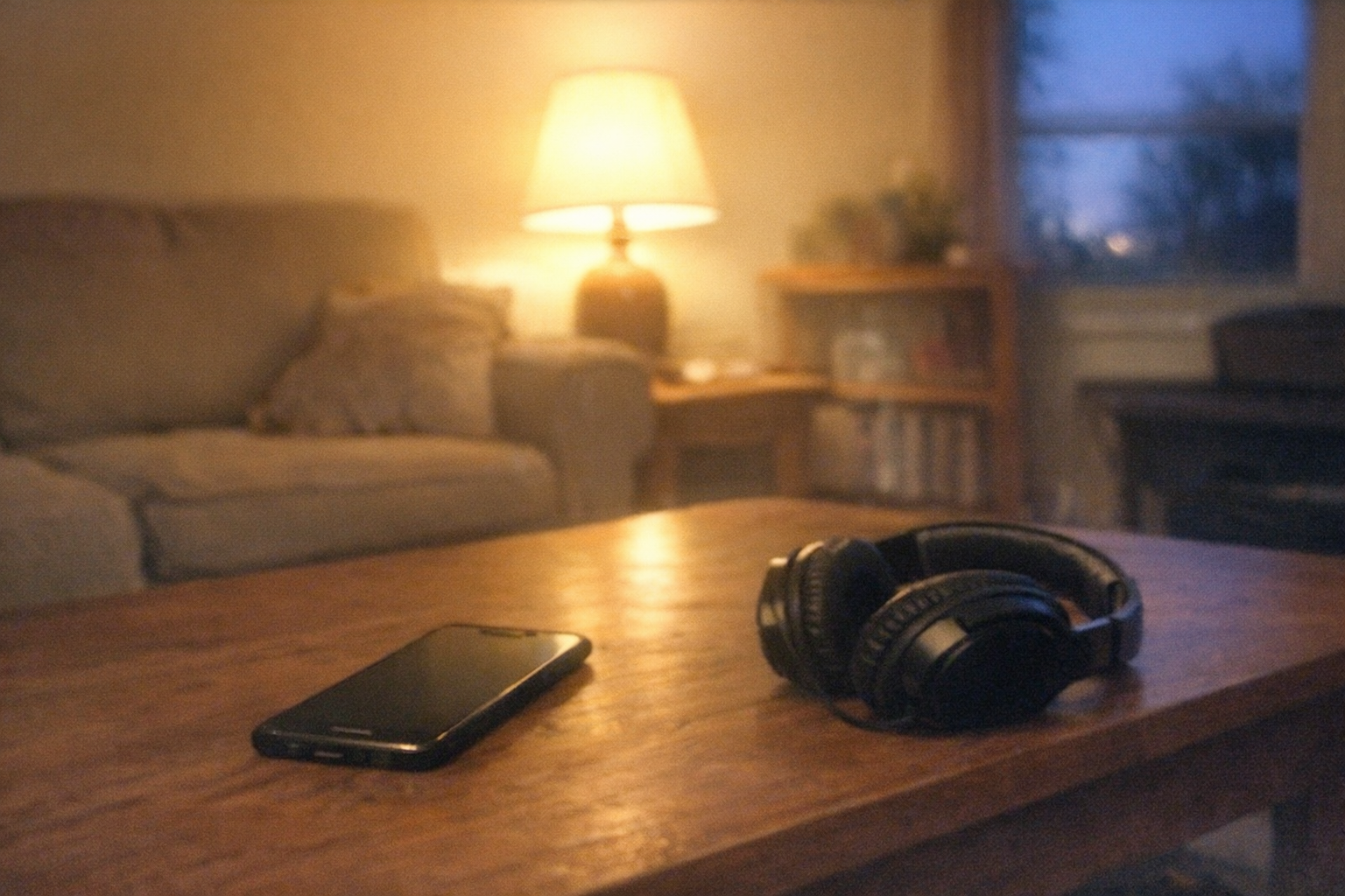 Headset and phone resting in a living room