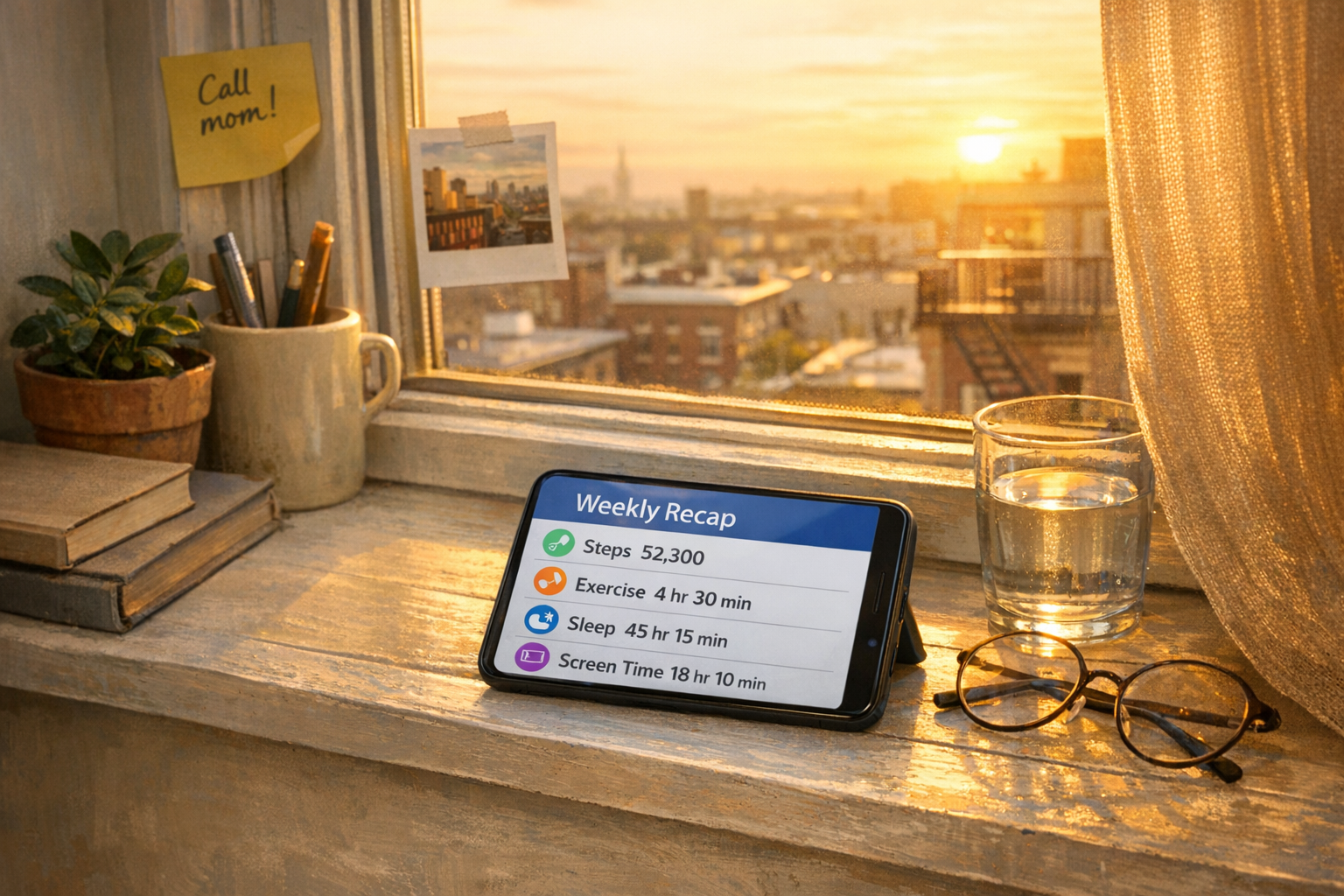 Phone displaying a weekly recap by the window