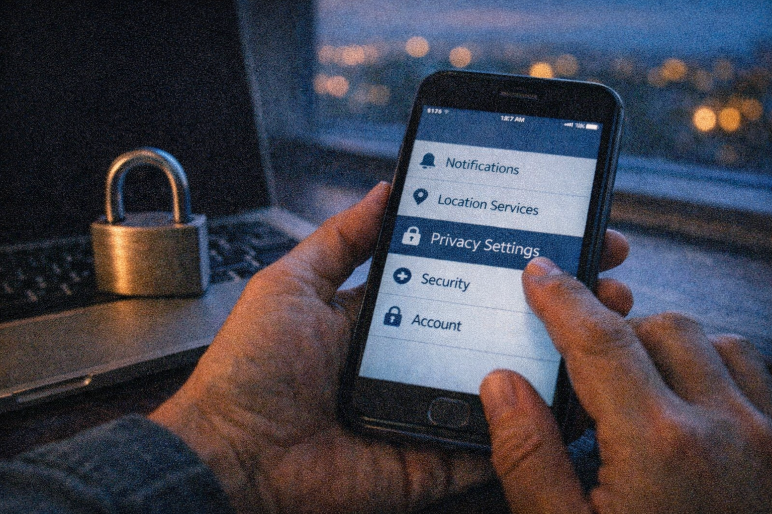 Phone privacy settings beside a laptop