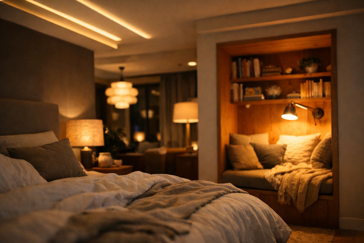 Layered lighting in a modern bedroom