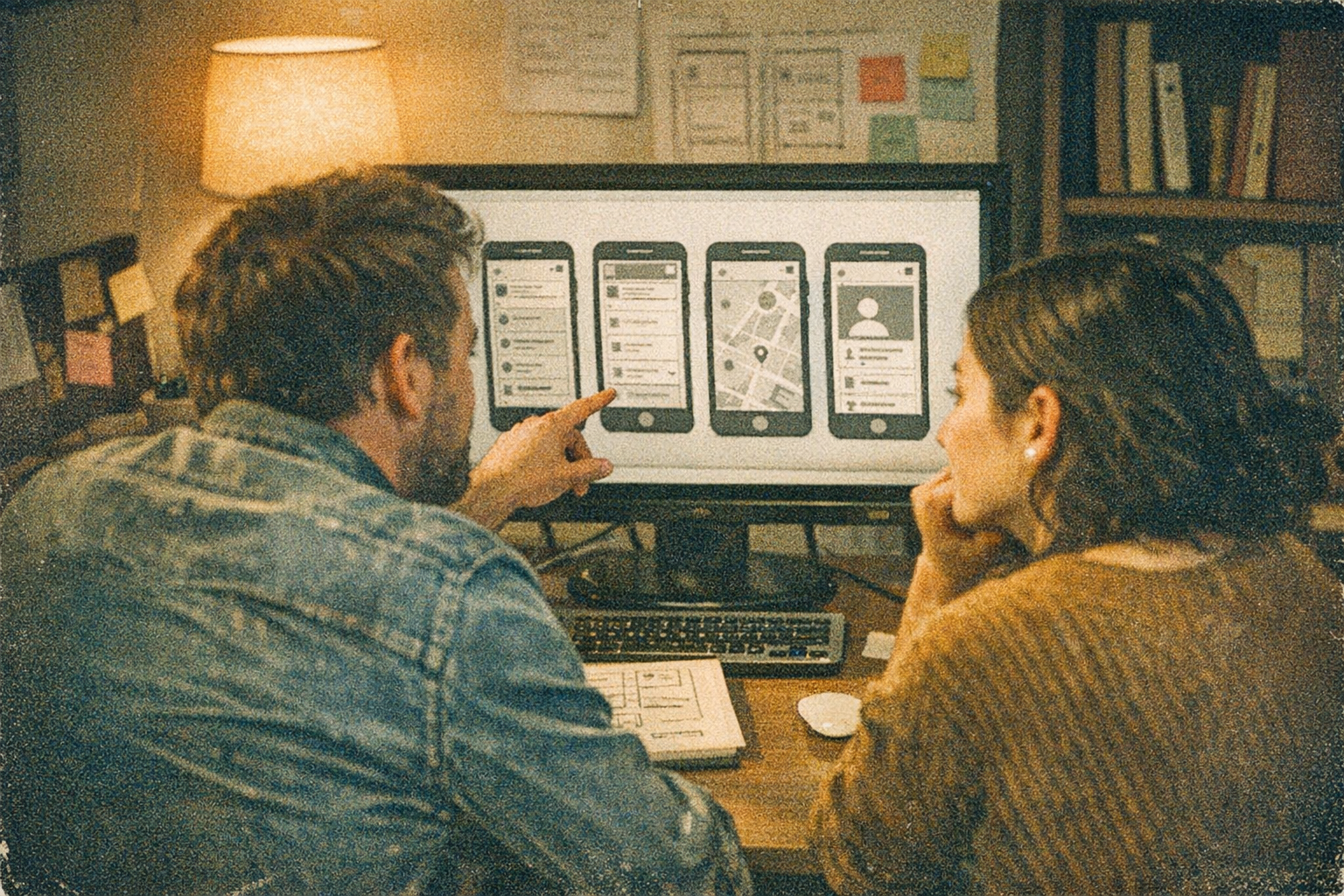 Two designers reviewing wireframes on a monitor