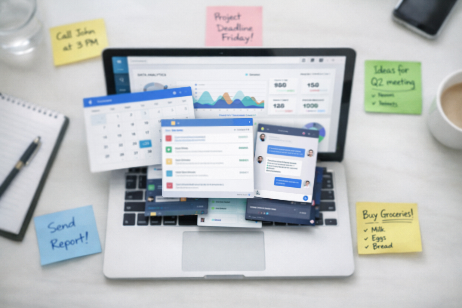 Overhead view of layered app screens on a laptop